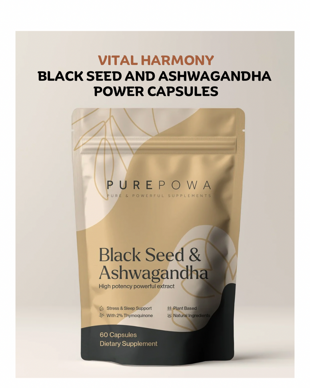 PUREPOWA Black Seed & Ashwagandha Capsules — Stress Relief & Immune Support