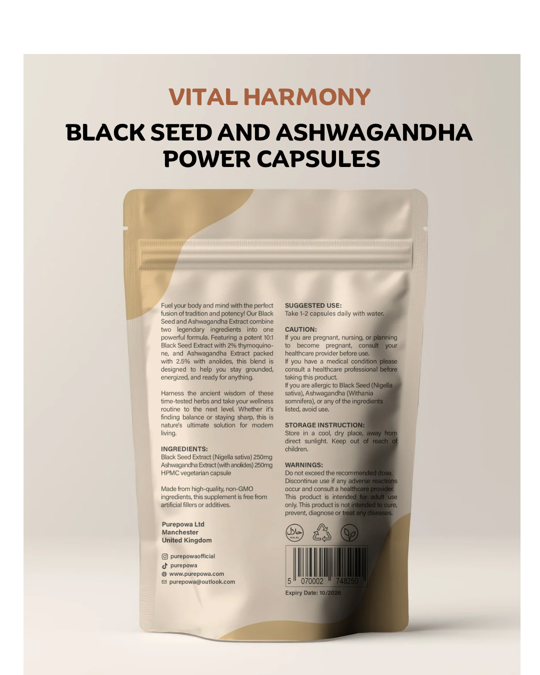 PUREPOWA Black Seed & Ashwagandha Capsules — Stress Relief & Immune Support