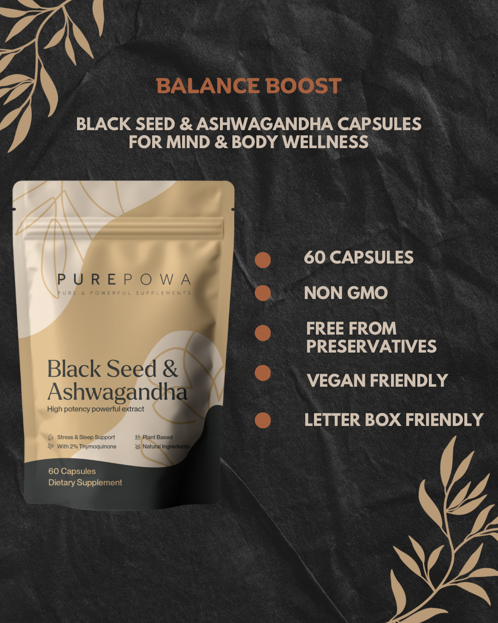 PUREPOWA Black Seed & Ashwagandha Capsules — Stress Relief & Immune Support